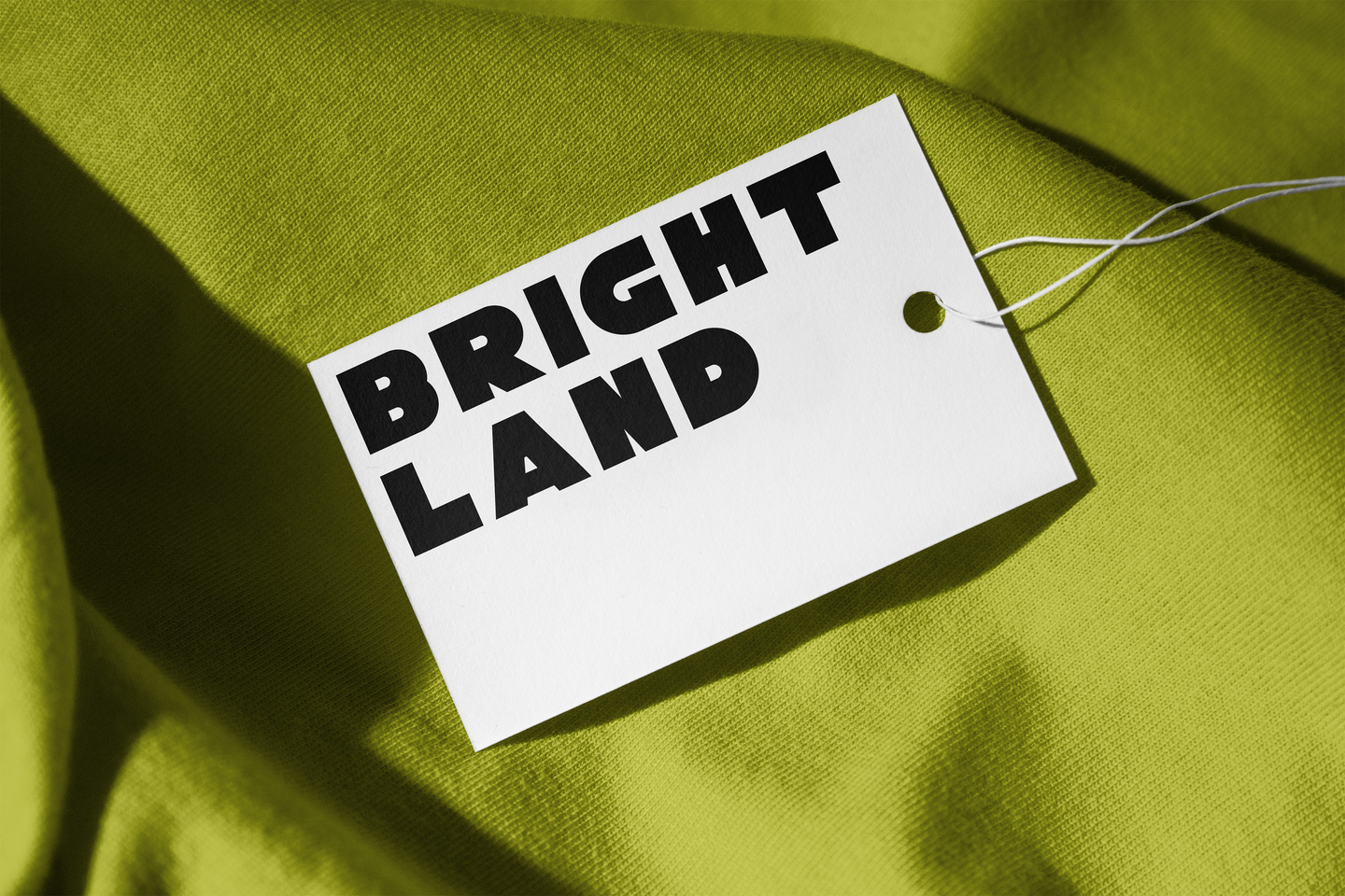 Printed white Brightland swing tag attached to green textured fabric.