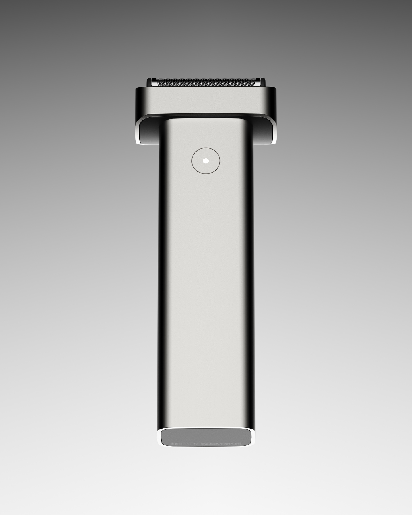 Metallic electric shaver standing vertically against a grey gradient background