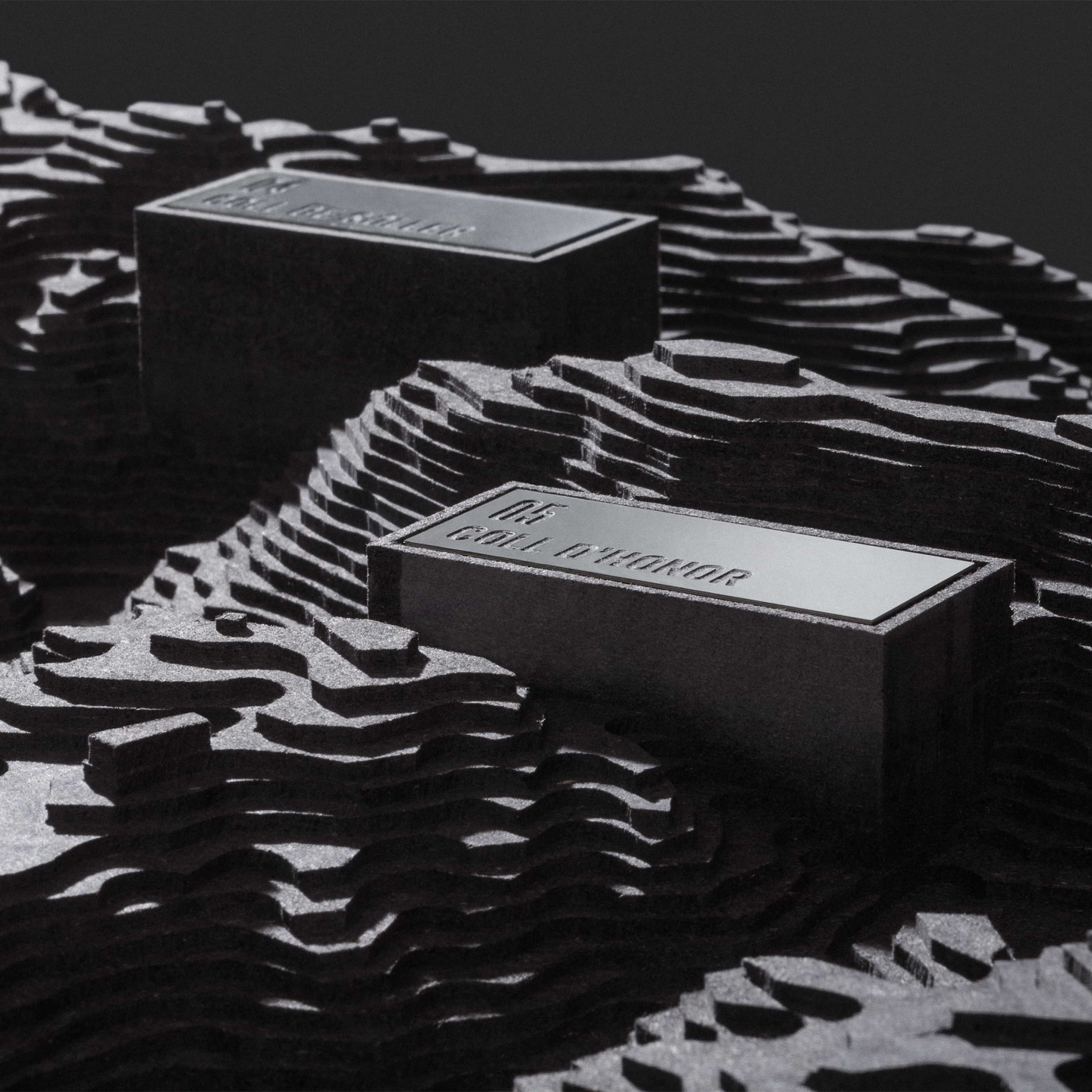 Rectangular box resting on a textured, wavy topographical surface.