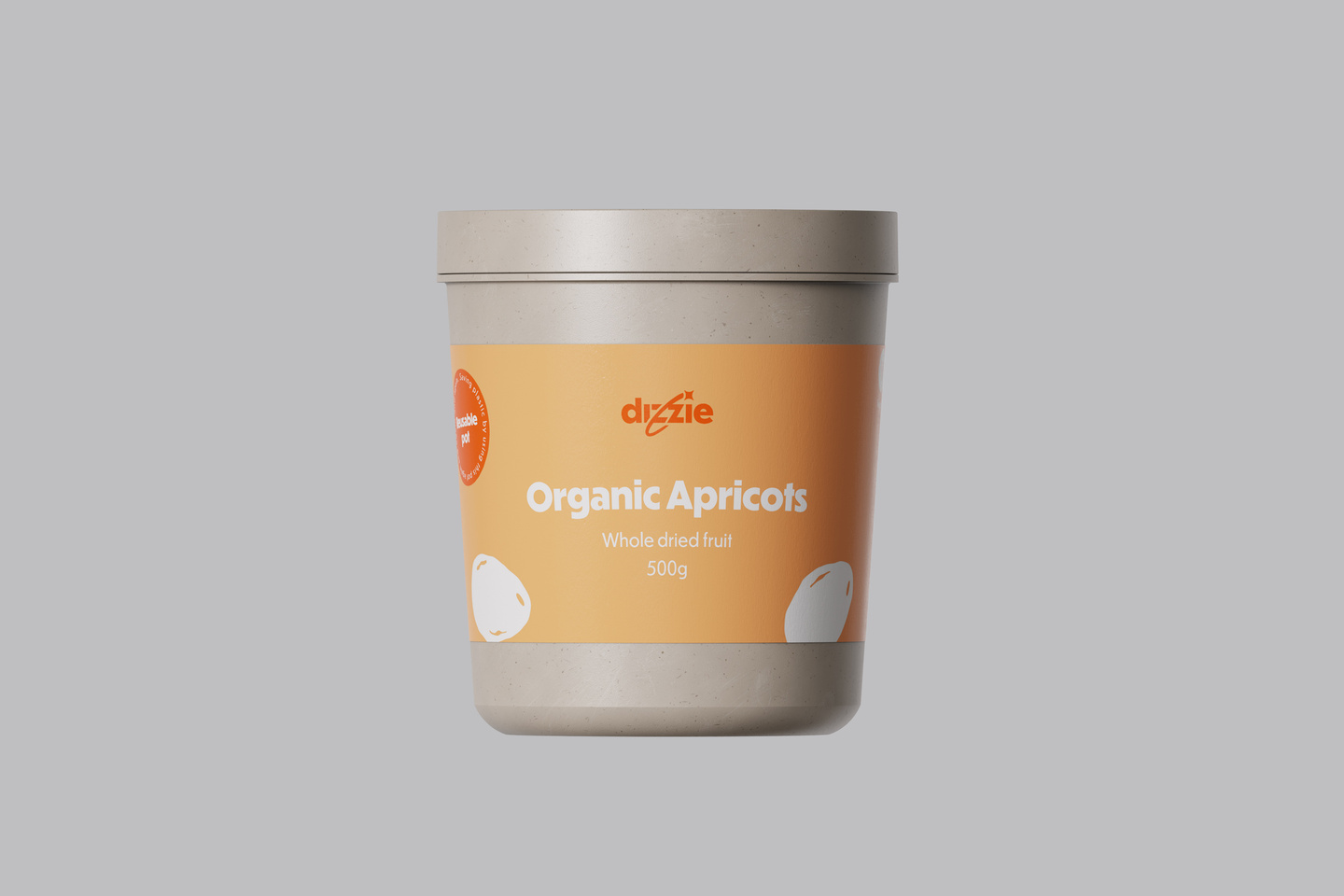 Single beige reusable food container pot with an orange label on a grey background.