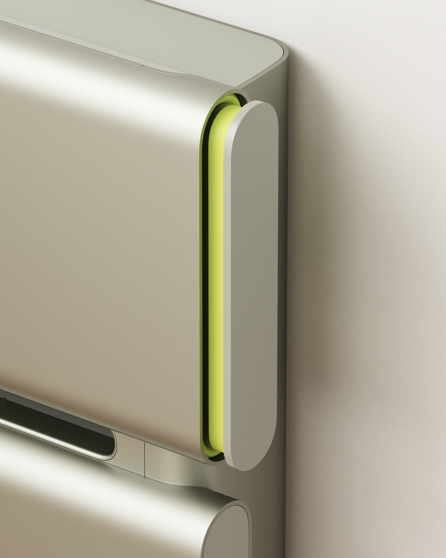 Side profile view of an air conditioner unit highlighting a lime green accent strip along the edge.