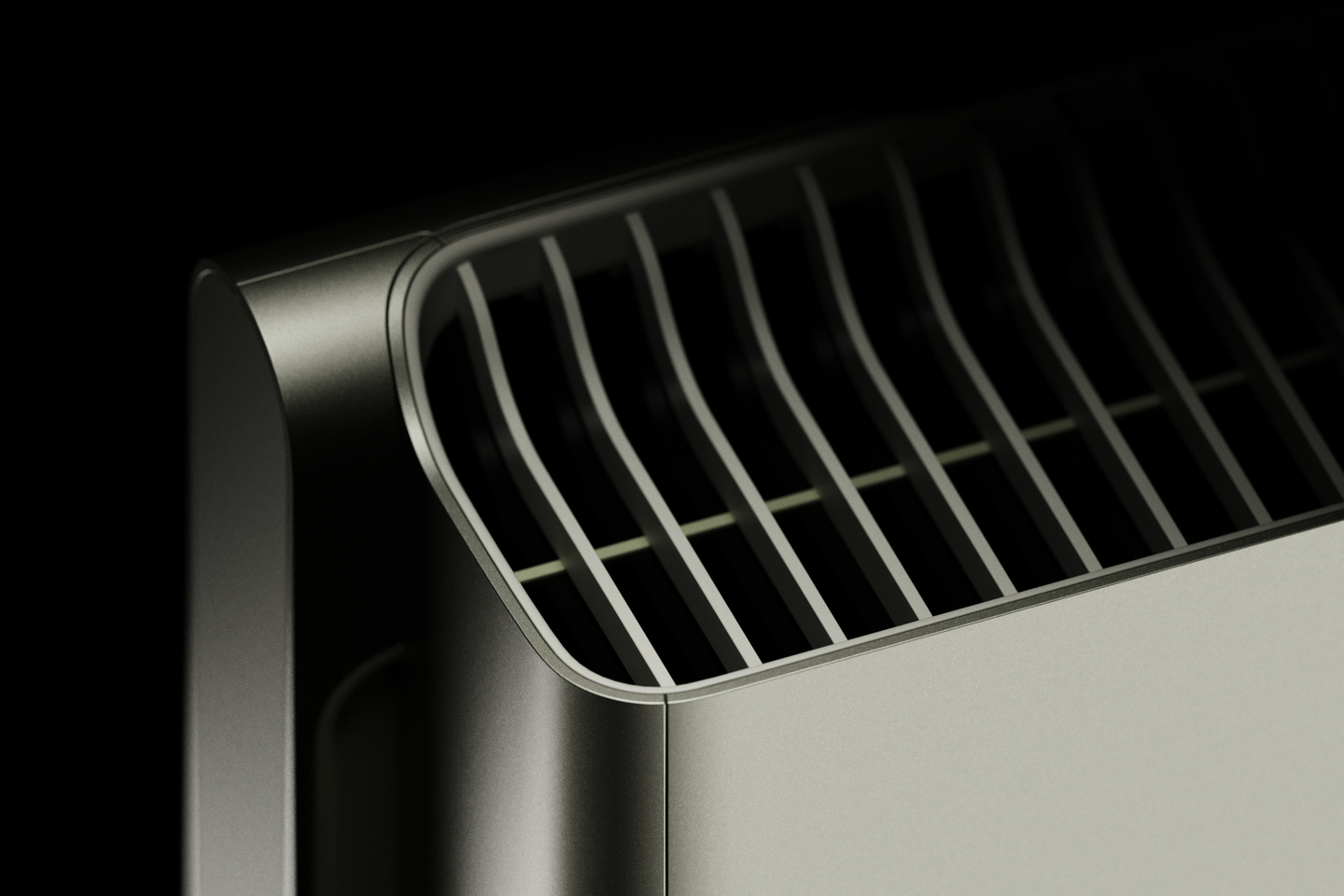 Detailed view of the textured air outlet grille on an air conditioner unit.