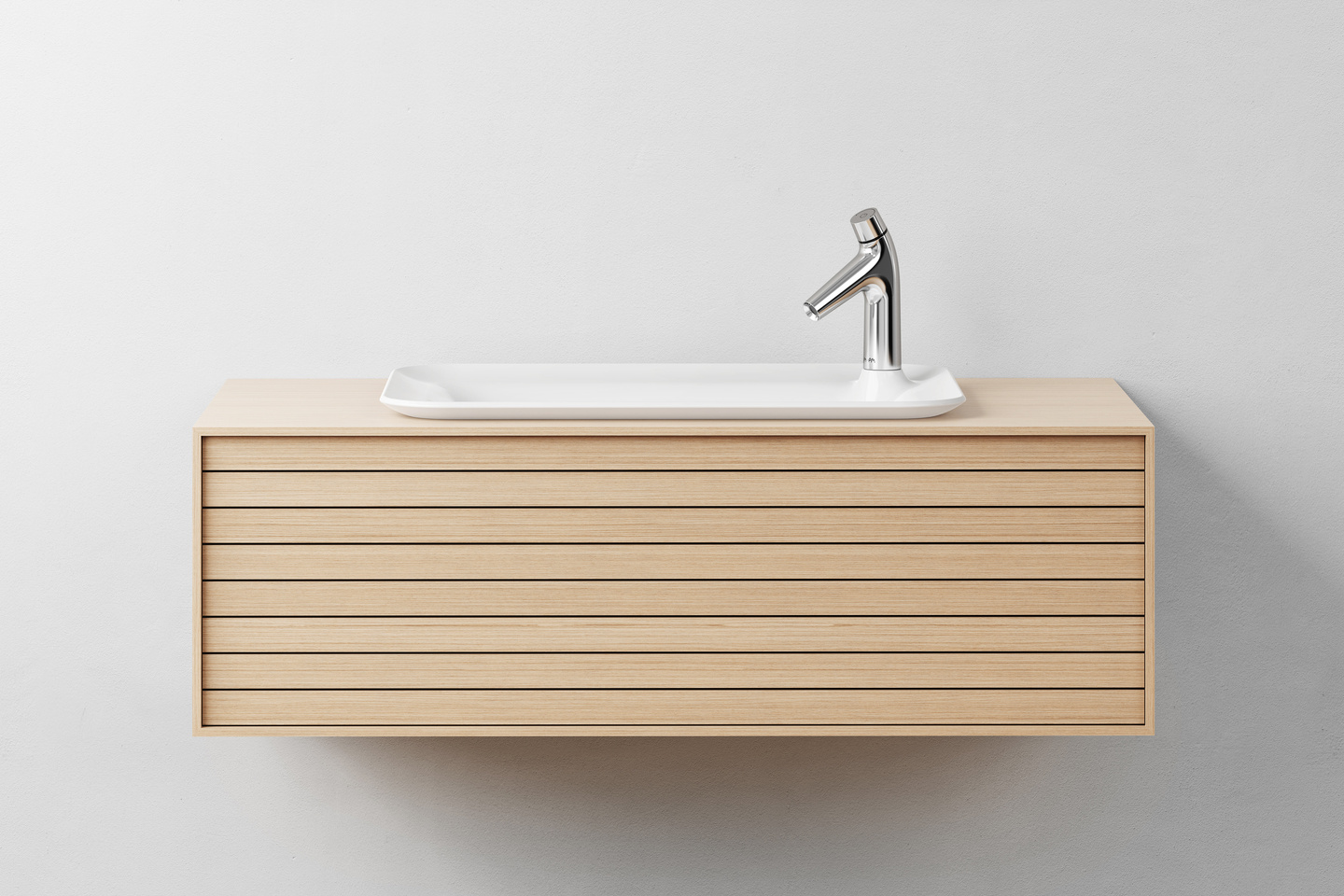 Wooden slatted bathroom vanity unit with white sink basin on top