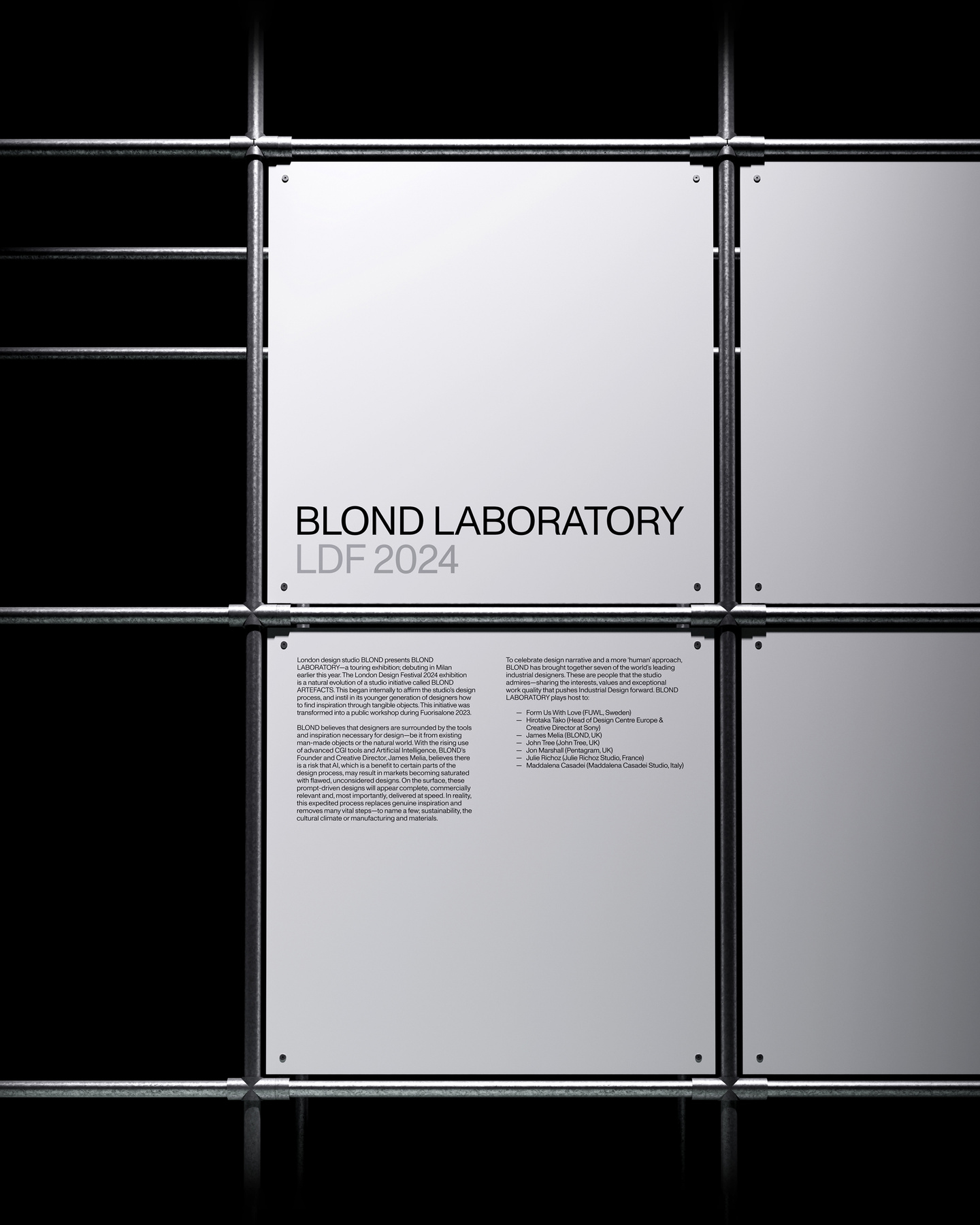 Exploded render animation of scaffolding and white panels with exhibition text