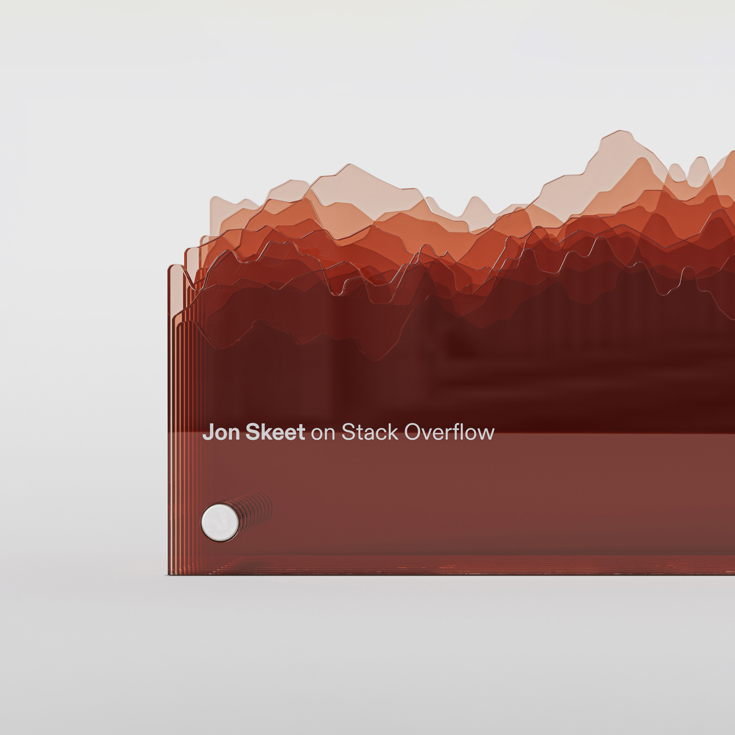 Red and dark brown layered graphic banner with white text elements on a grey card background