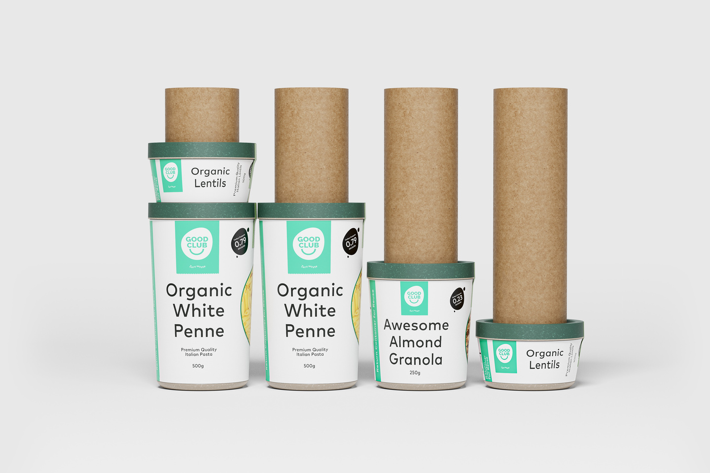 Line up shot of containers with green labels showing the various heights.