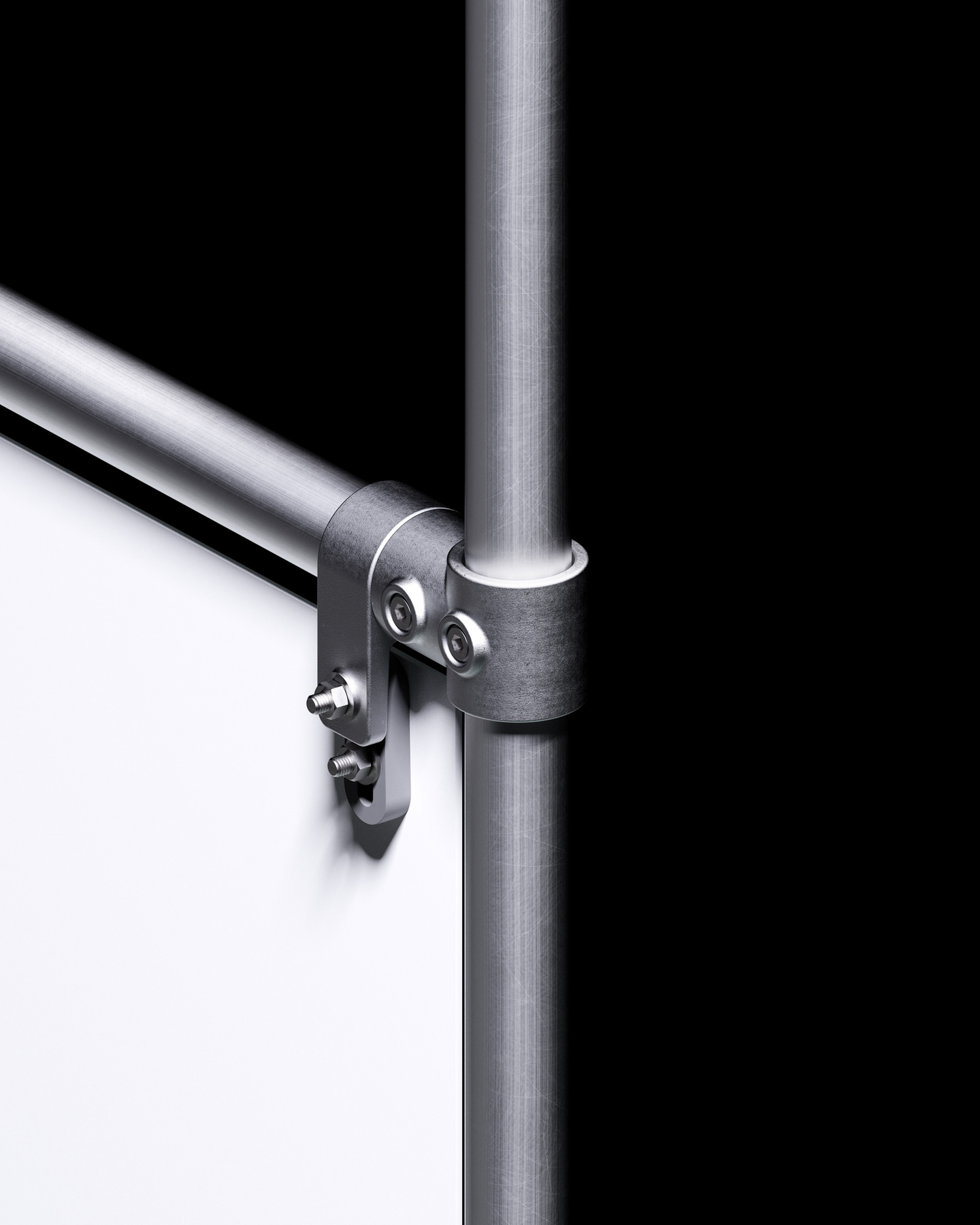 Close-up view of scaffold joint connection on black background