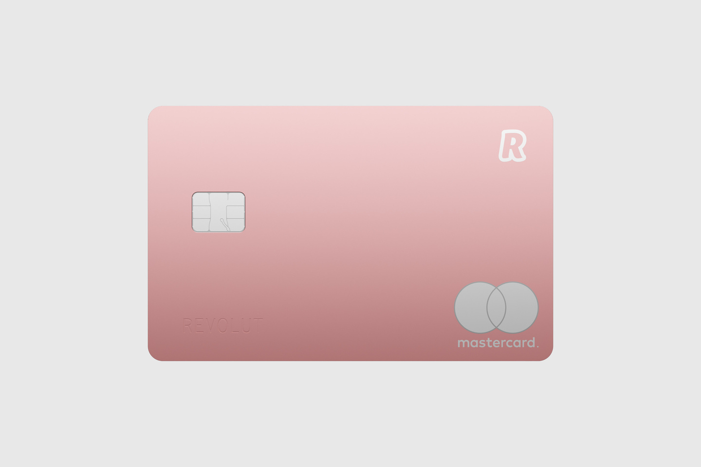 Rose gold metallic Revolut card front view with Mastercard logo.