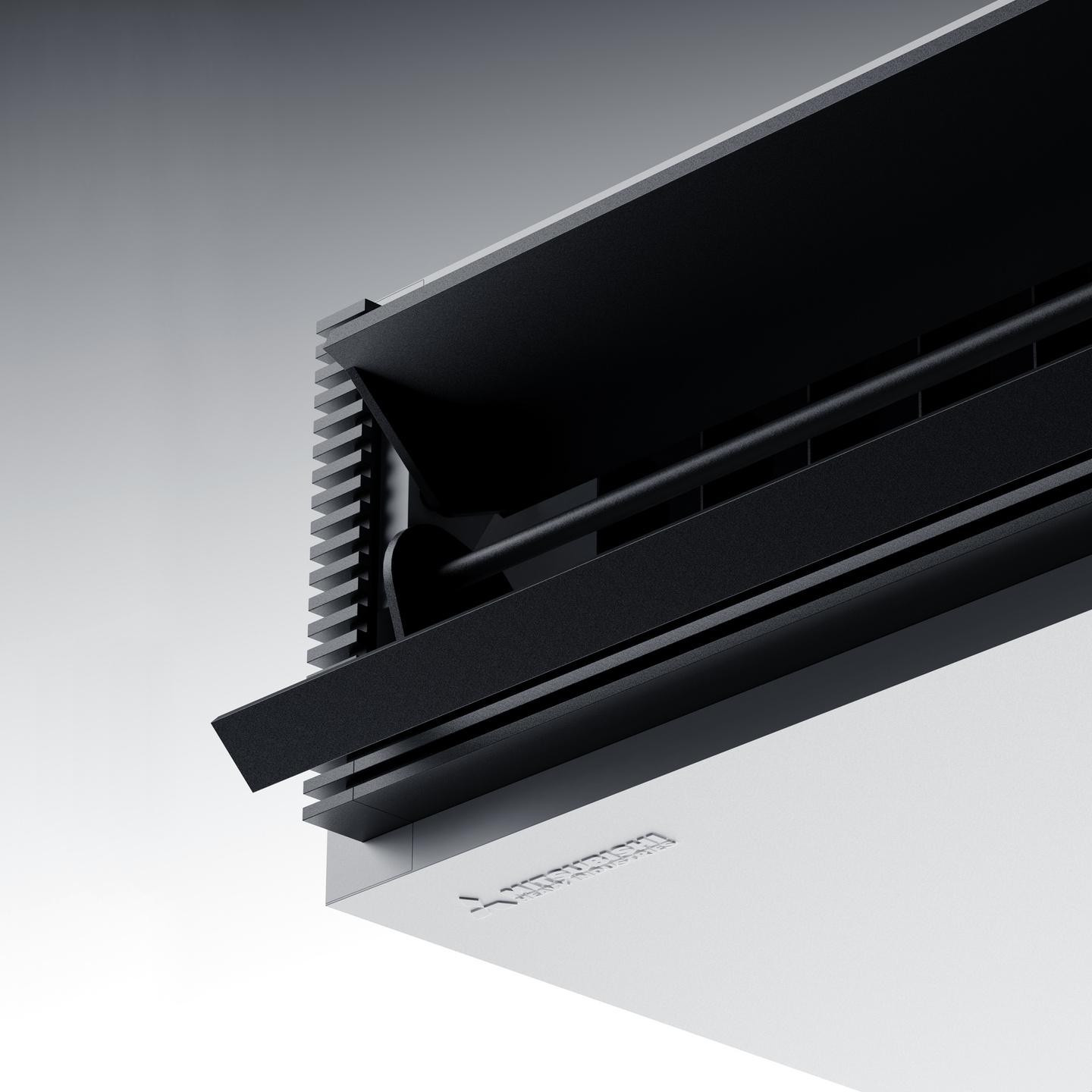 Close-up view of an open vent louver on a white ceiling-suspended air conditioning unit