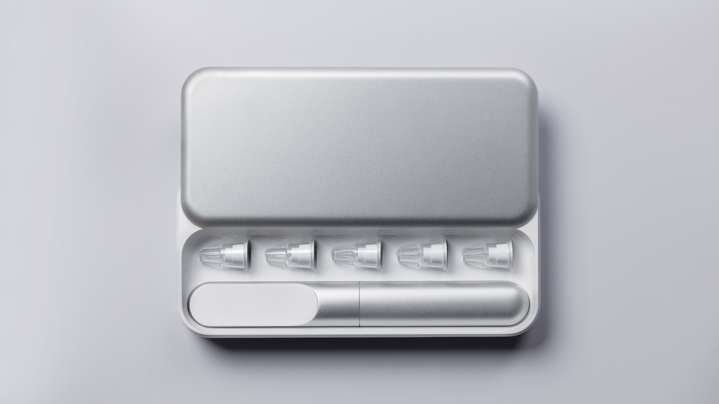 Top-down view of an open metallic carrying case holding a smart insulin pen and cartridges