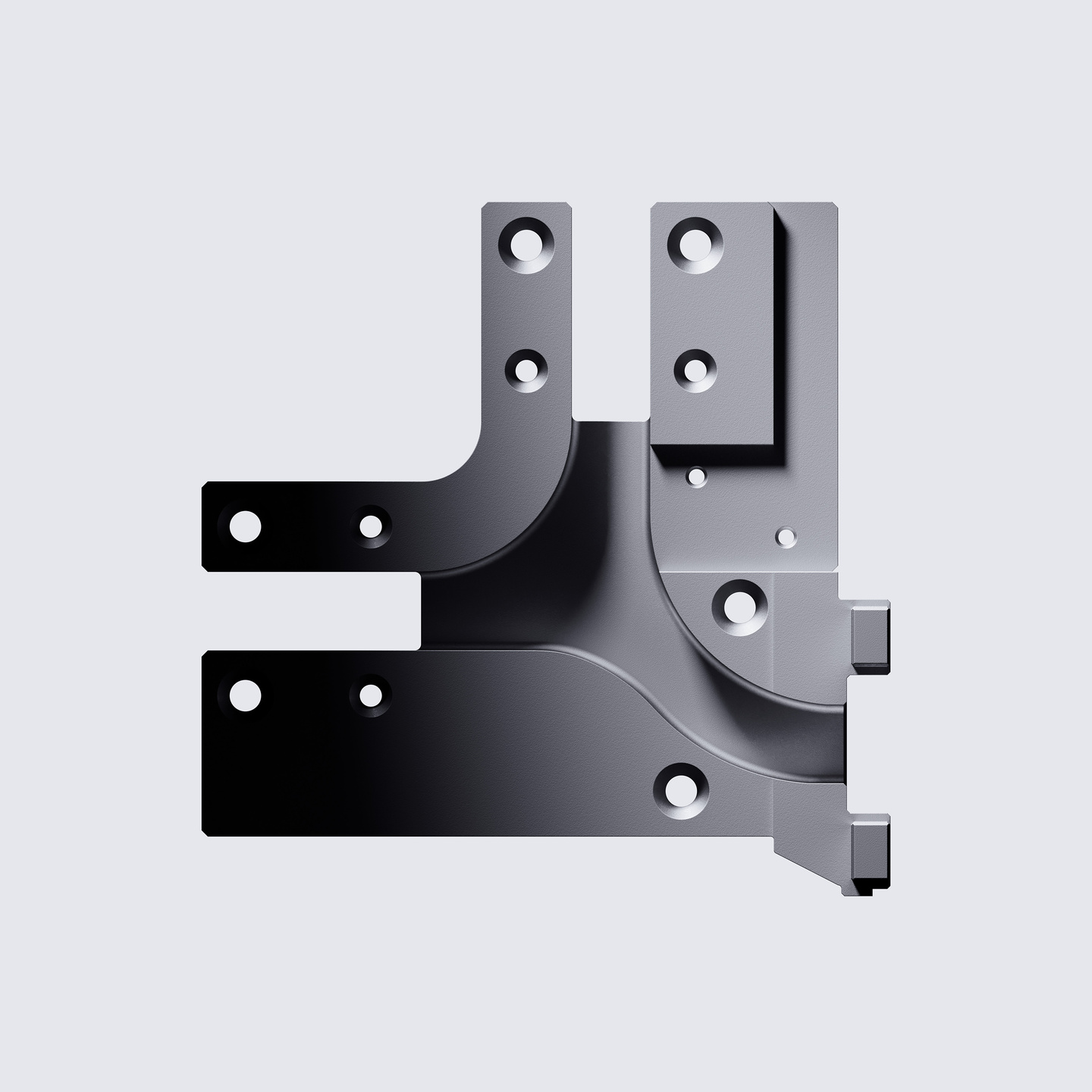 Dark metallic bracket joint component shown against a light grey background