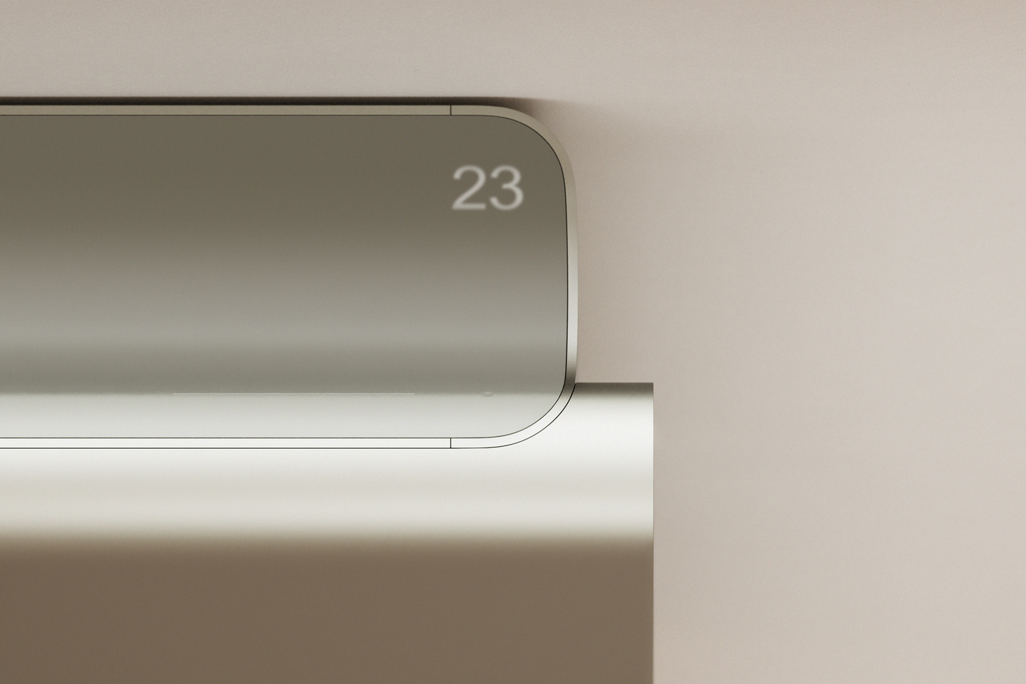 Close-up of the upper corner of an air conditioner casing with a subtle logo mark.