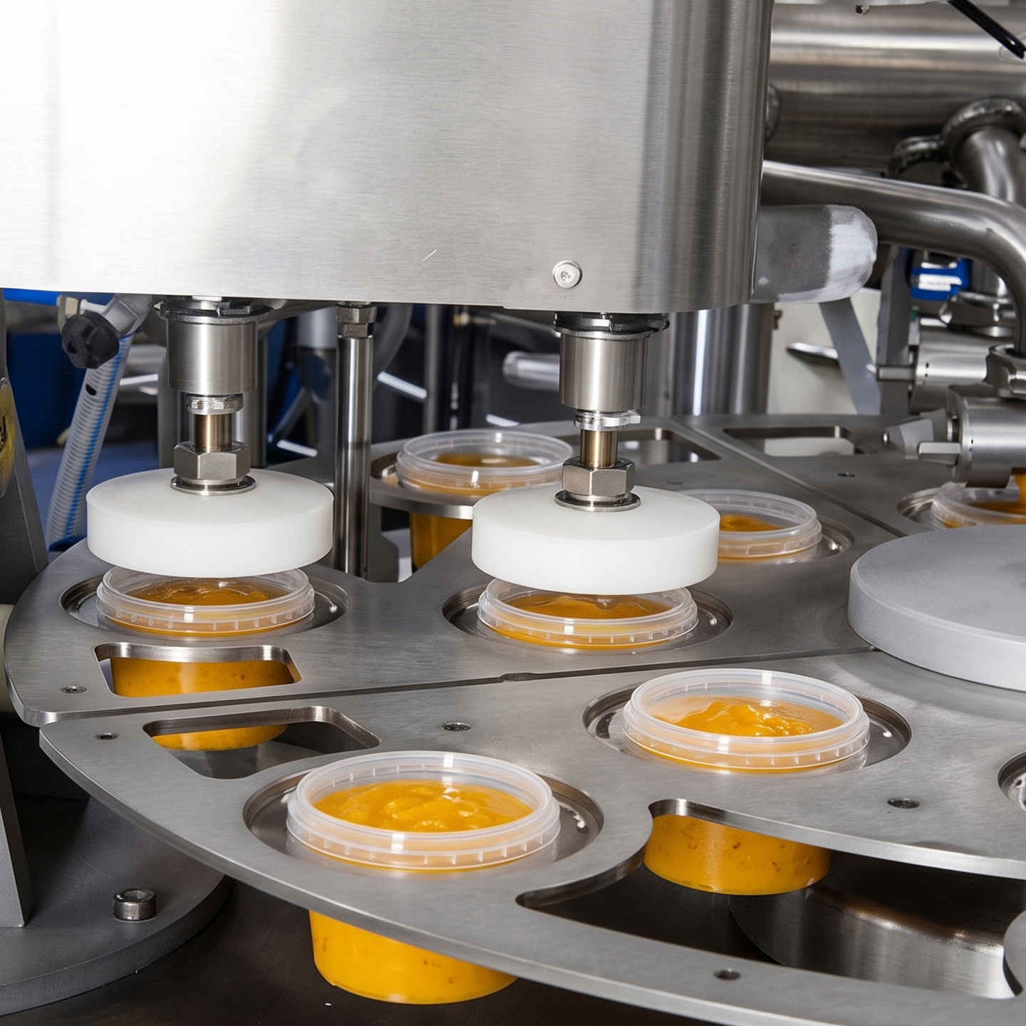 Factory shot of a machine adding lids to food jars.