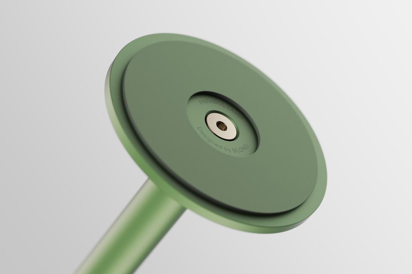 Underside perspective view of a green Parasol Lamp shade attached to a tubular stem.