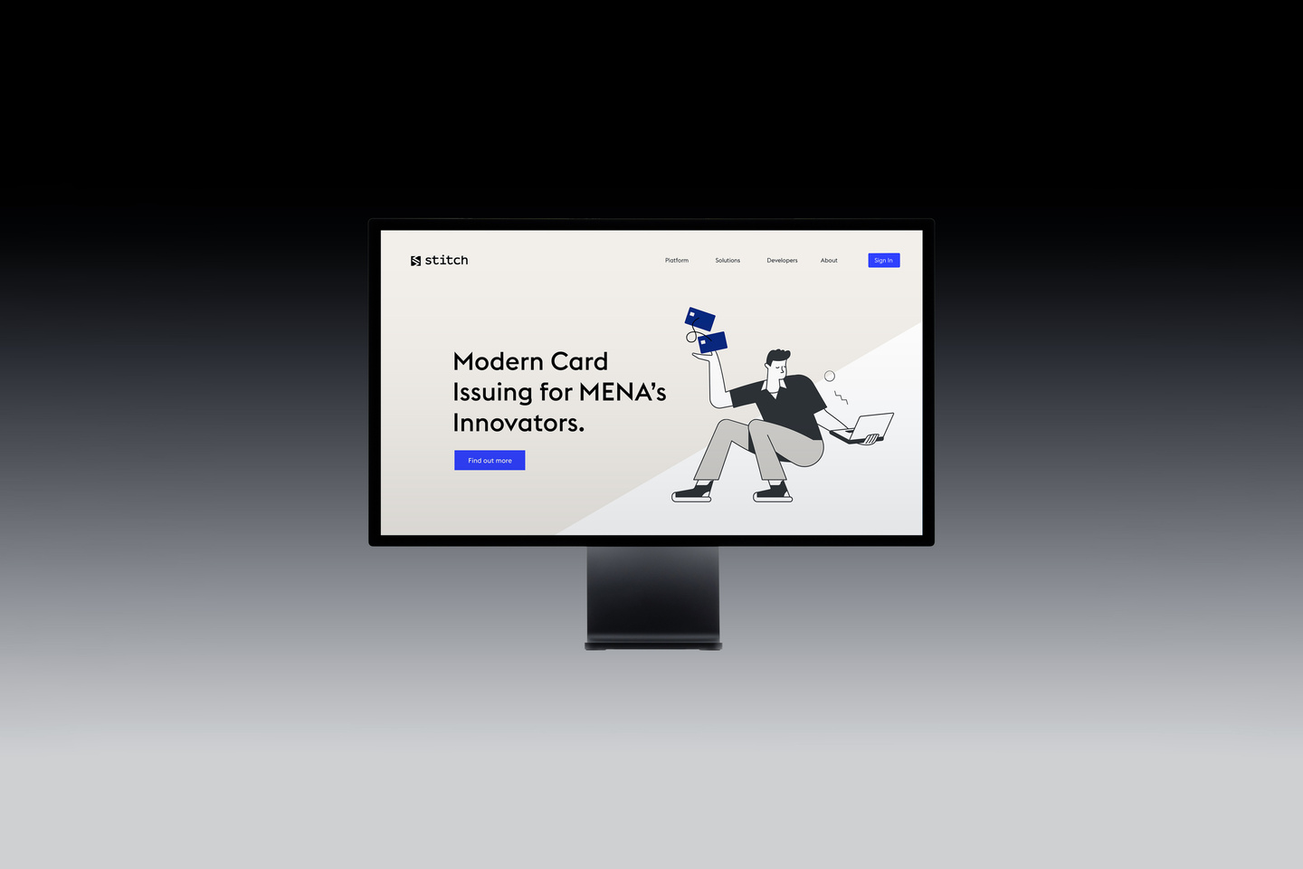 Desktop monitor displaying a Stitch website interface mockup