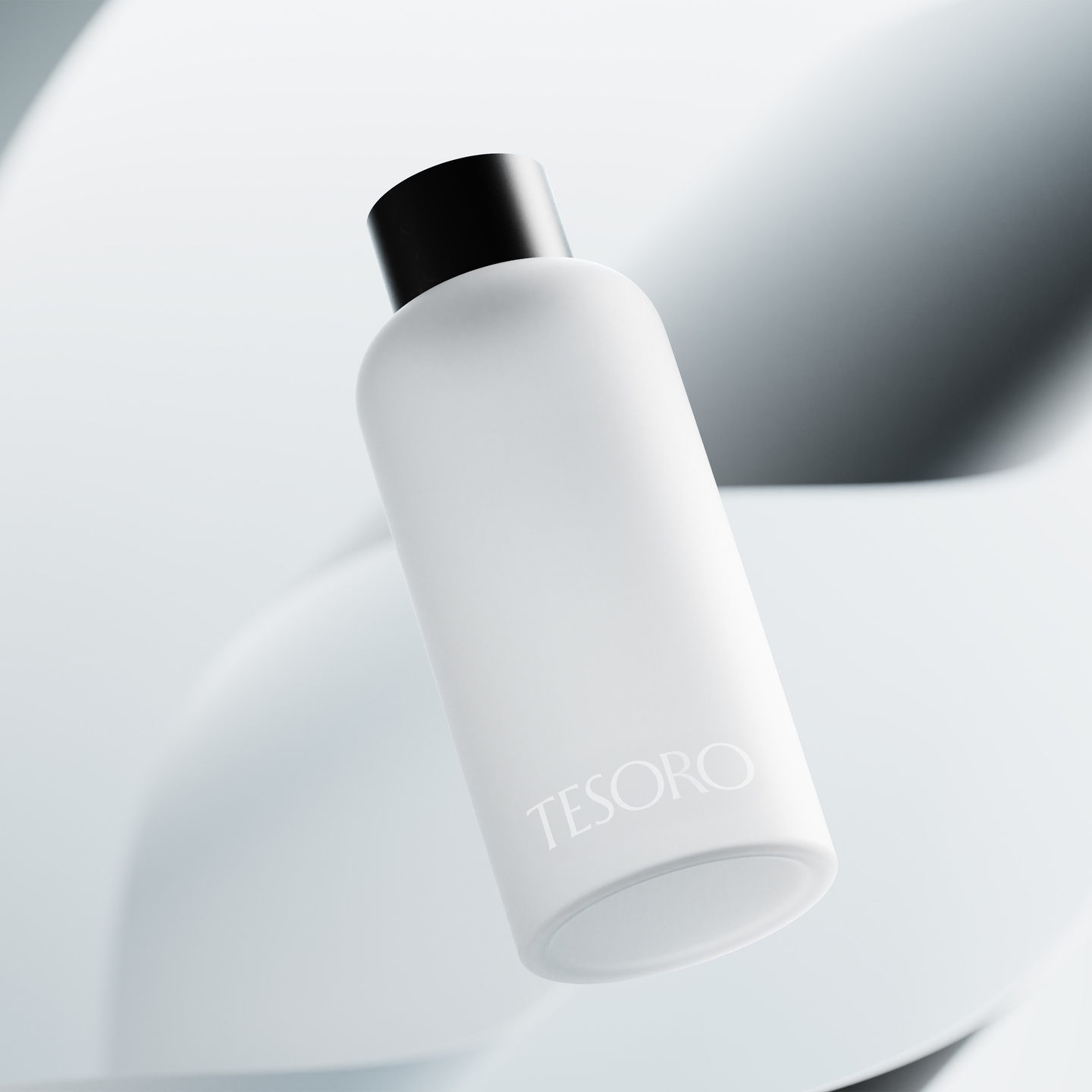 White bottle with a black cap resting angled on a light grey surface