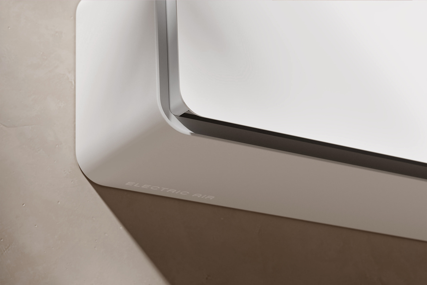 Close-up corner shot of white HVAC indoor unit resting on a light concrete with sun shadows