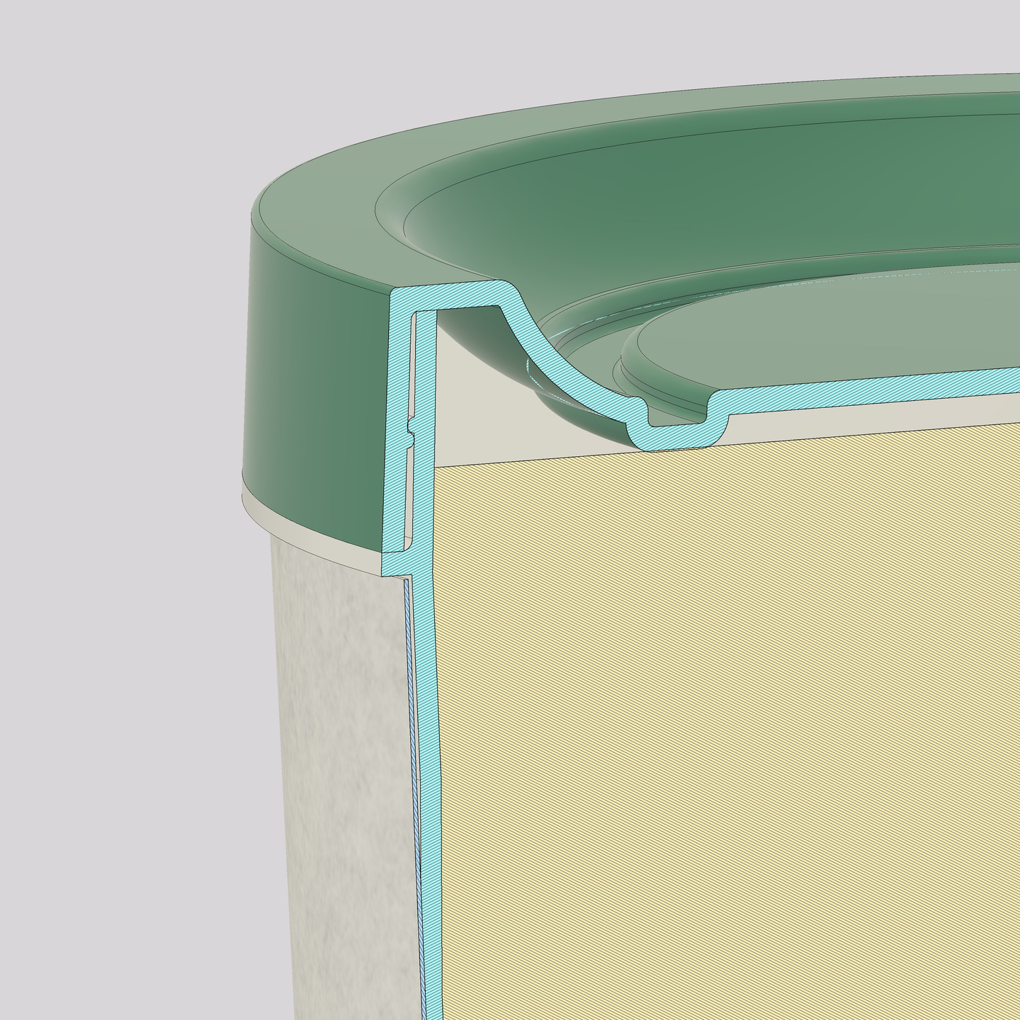 Close-up view of a green plastic lid rim attached to a translucent container.