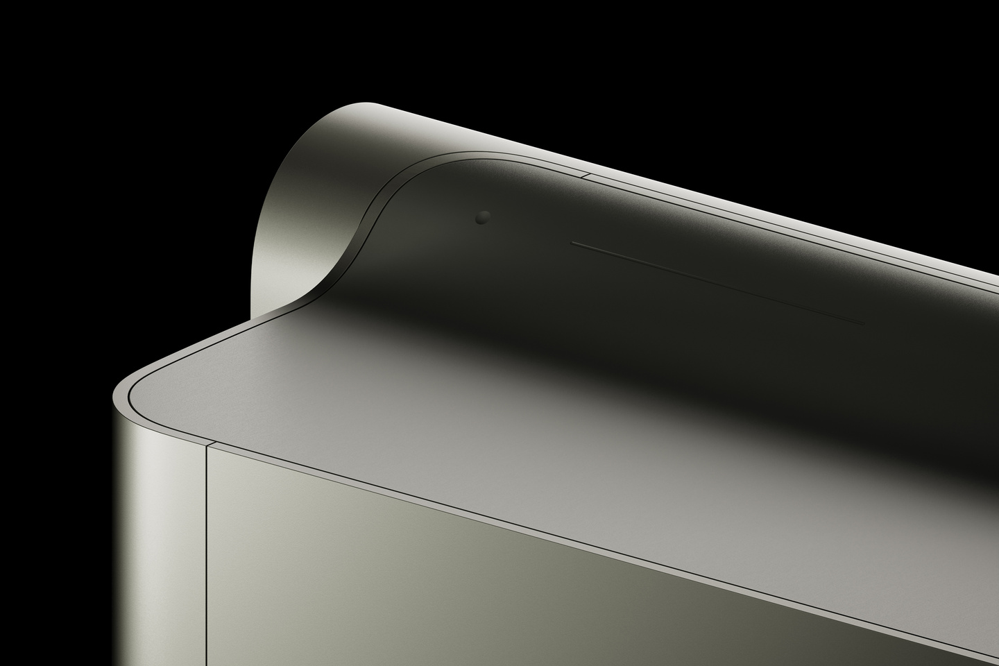 Close-up view of the top curved corner and seam of a metallic air conditioner.