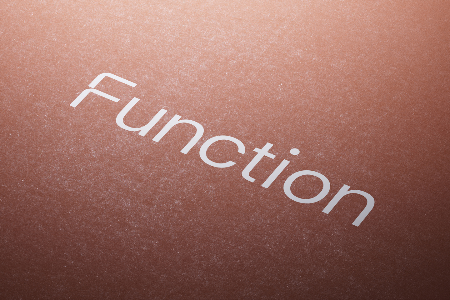Textured reddish surface featuring debossed logotype typography