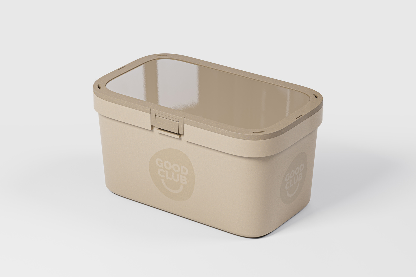 Angled perspective view of a beige rectangular reusable tub container.