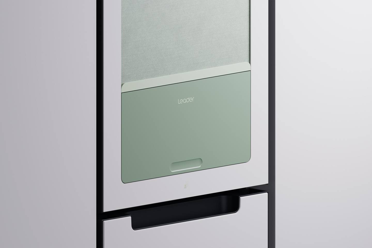 Modern built-in oven with green tint glass panel and dark metallic frame