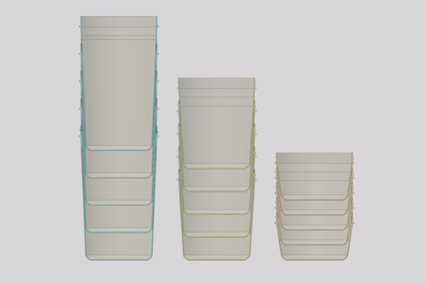 Cross section image of reusable packaging pots stacked vertically by size.