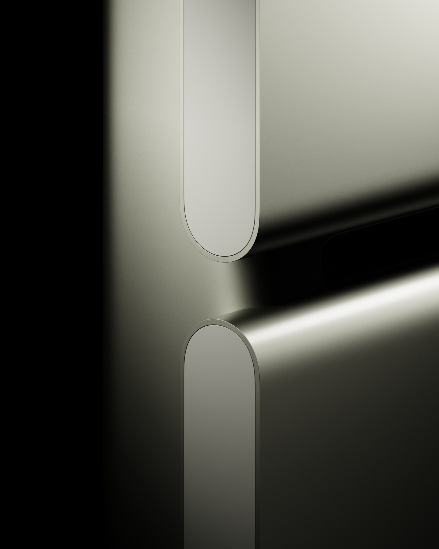 Detailed close-up of the horizontal split line across the metallic air conditioner front panel.