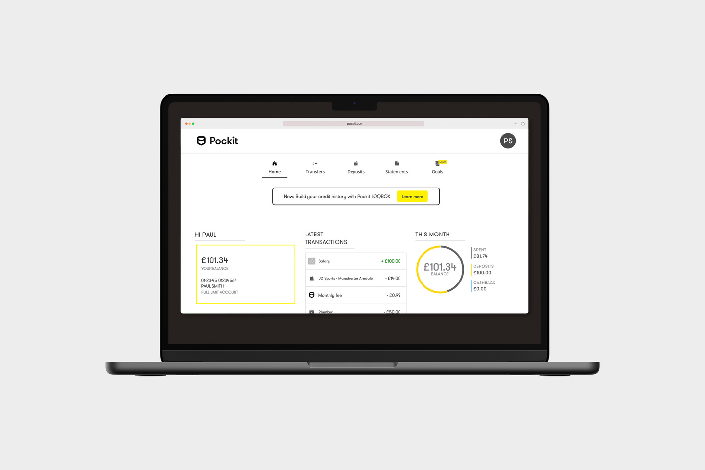 Open laptop displaying the Pockit web platform user interface on screen.