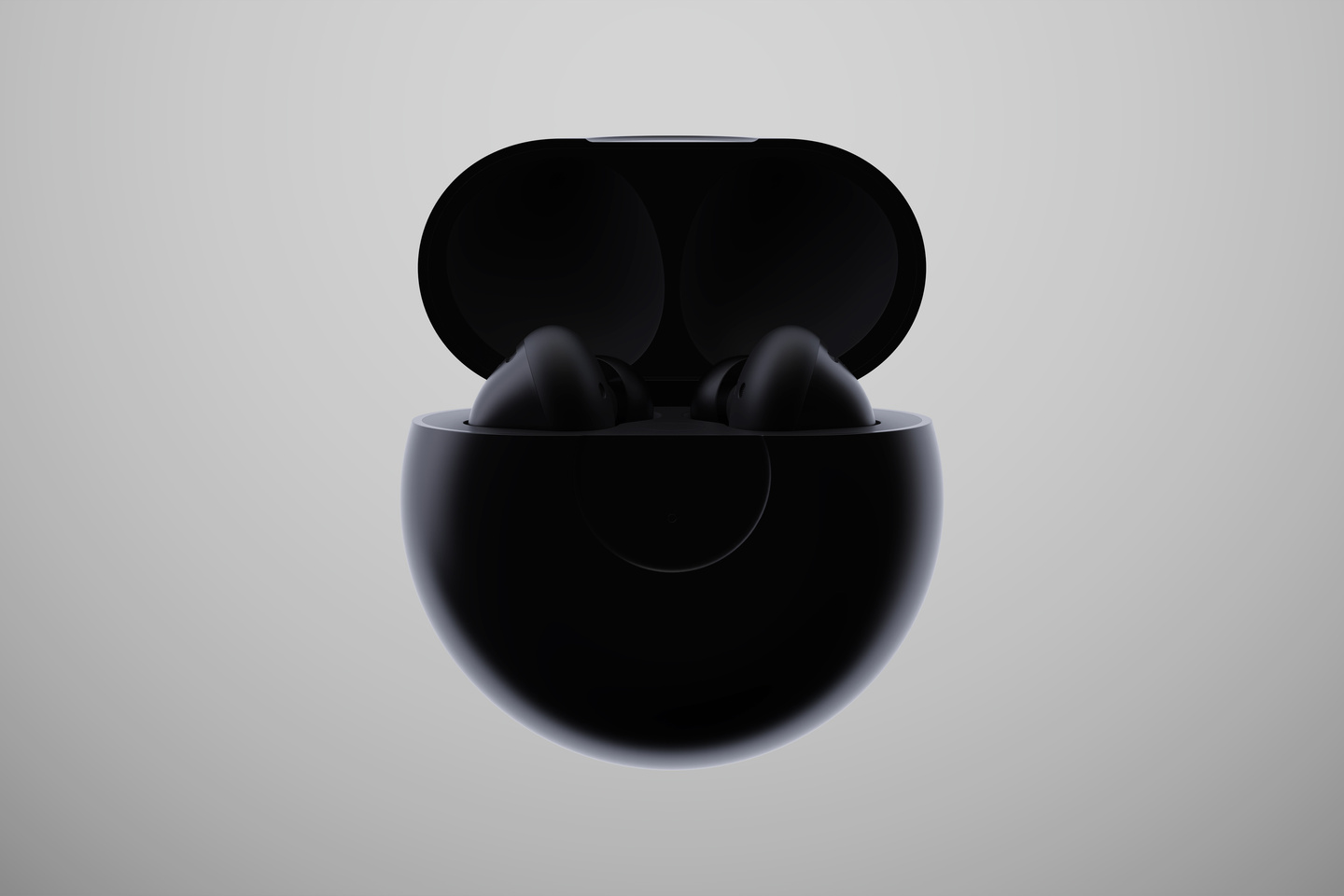 Open black charging case showing wireless earbuds inside on a grey gradient background