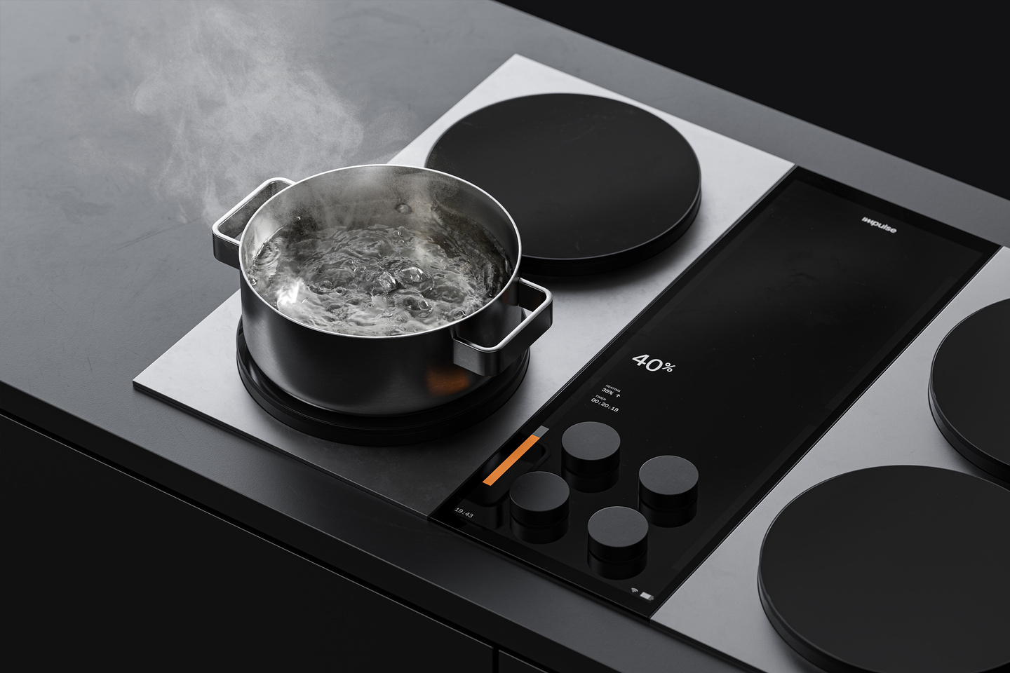 Angled perspective view of an induction stovetop with cooking pots