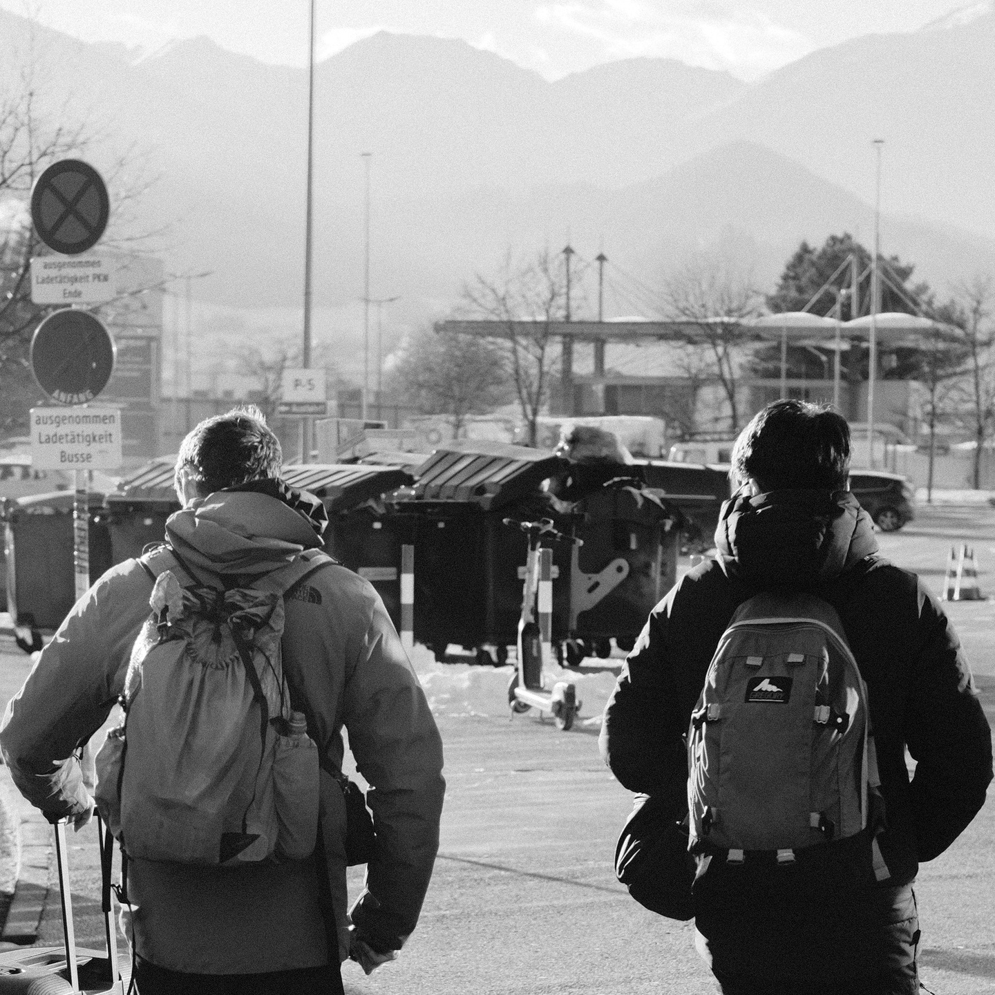 A black and white photograph from the company ski trip